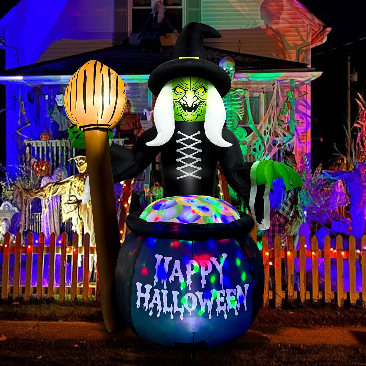 GOOSH 6.5FT Inflatable Witch with Cauldron – Light-Up Happy Halloween Yard Decoration